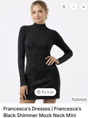 Francesca's Collections Black Shimmer Mock Neck Mini Dress size S new with tag .